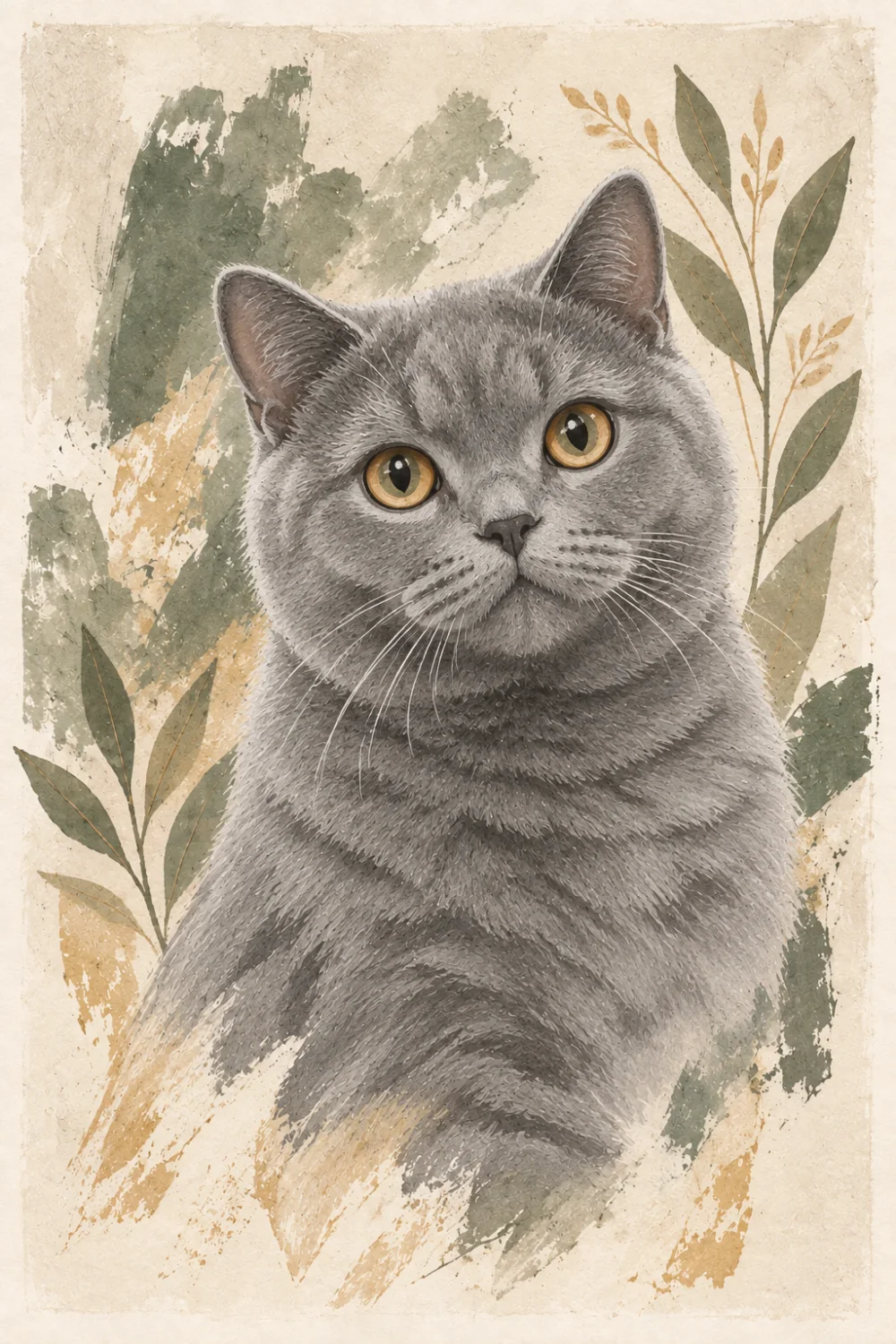 A blue-grey cat with thoughtful amber eyes.