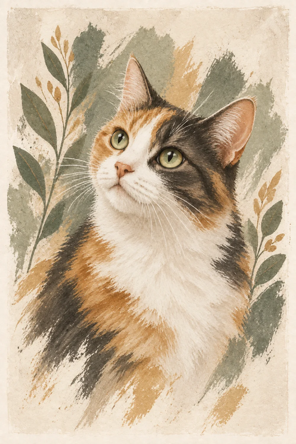 A calico cat, lost in a small daydream.