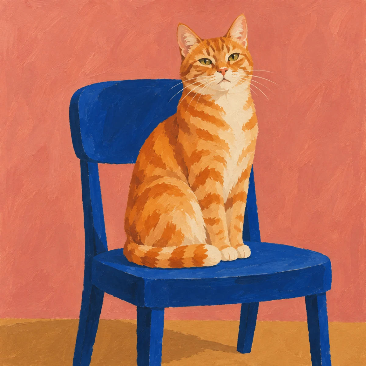 An orange cat in bold cobalt and terracotta.