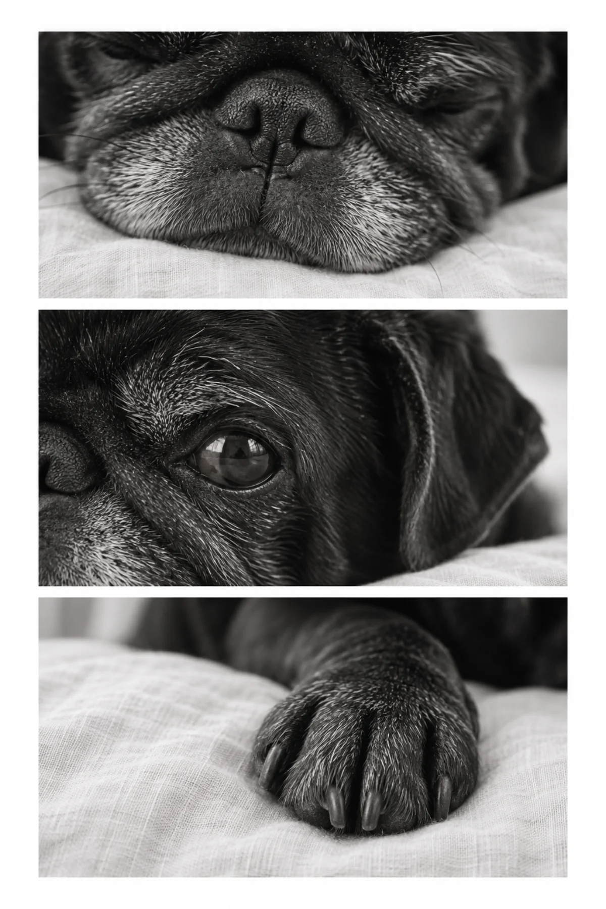 A pug in three intimate details: nose, eye and paw.