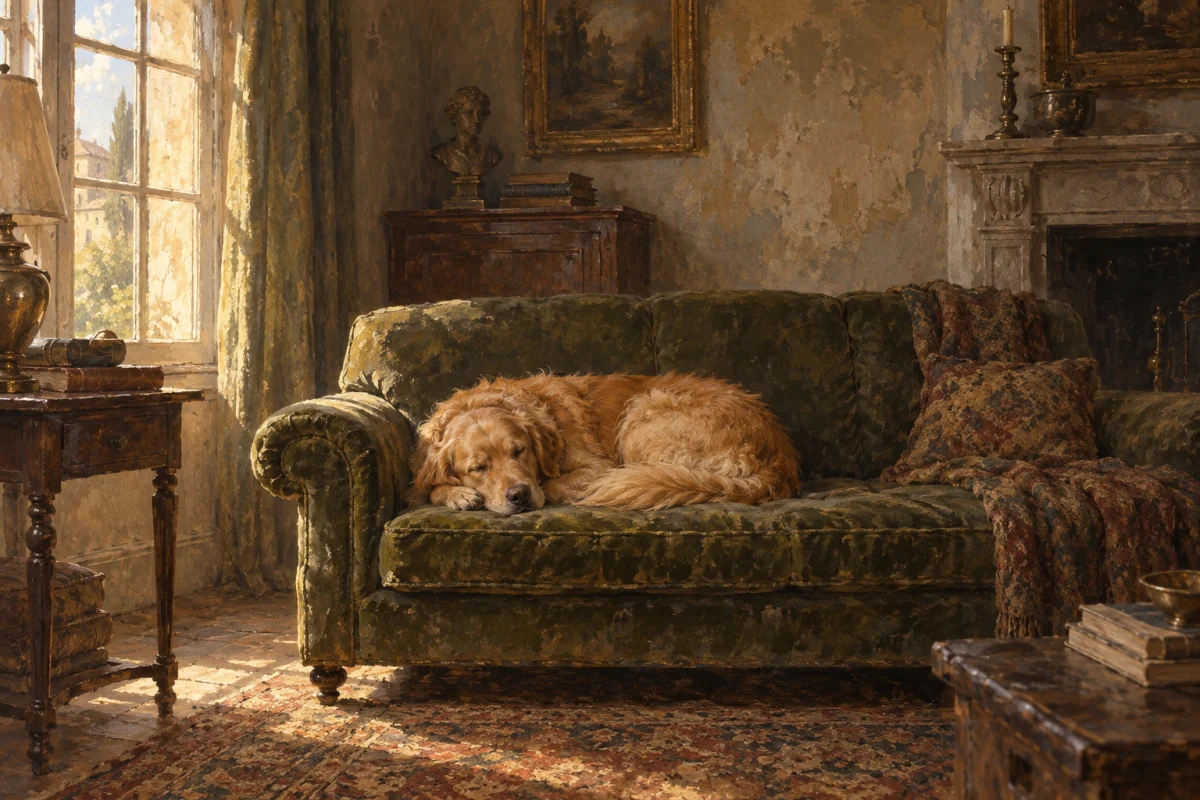 A golden retriever resting in a sunlit room.