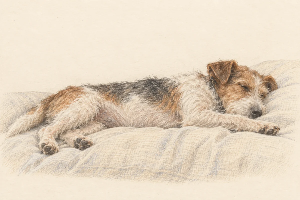 A sleeping terrier in delicate pencil marks.