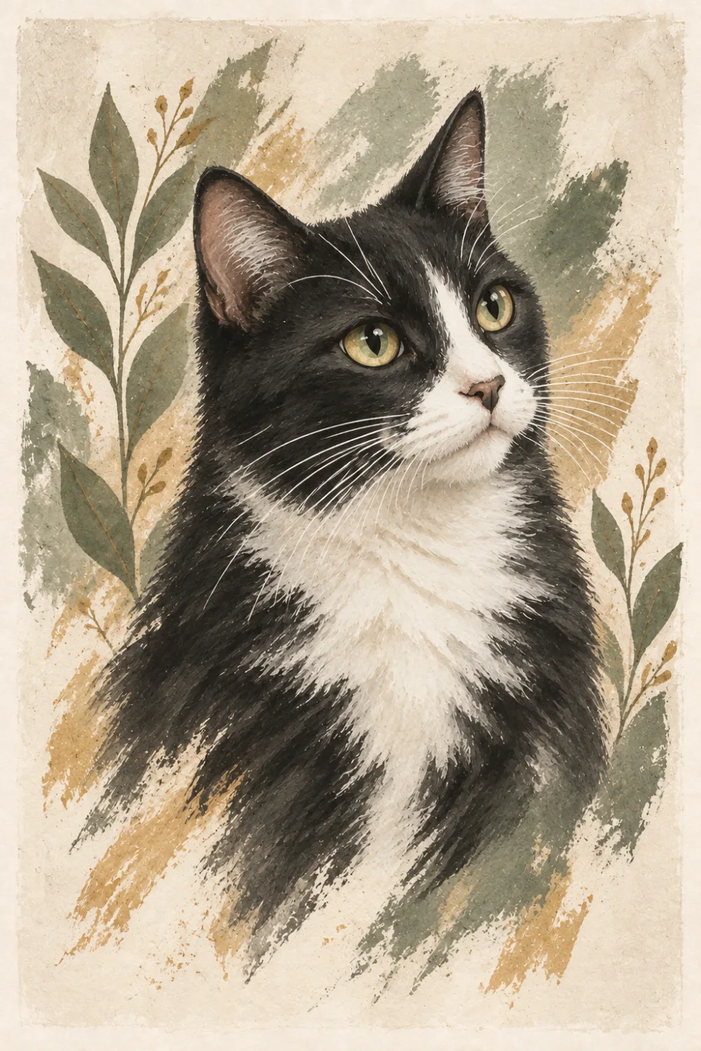 A black-and-white cat, dressed for a quiet evening.