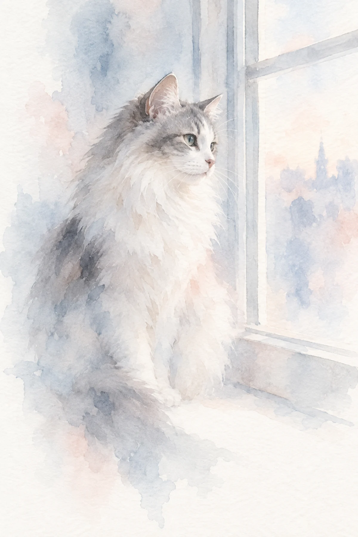A cat watching the morning through translucent washes.
